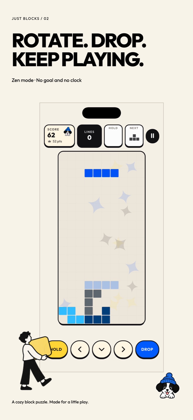 Just Blocks Zen mode with blue pieces and simple play controls