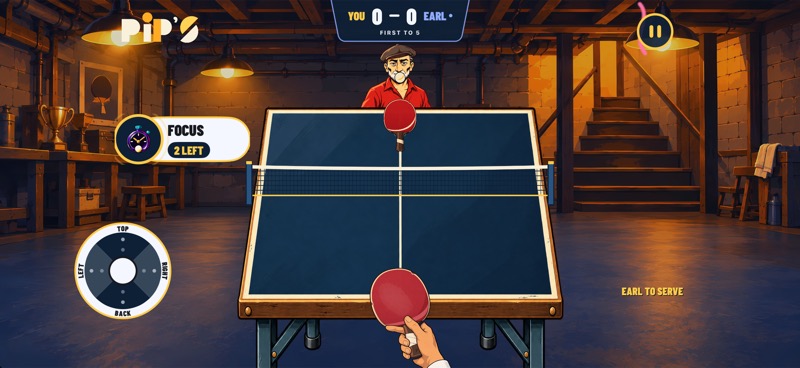 Current PIPS landscape gameplay: a blue table, illustrated basement, and a hand holding the player's paddle