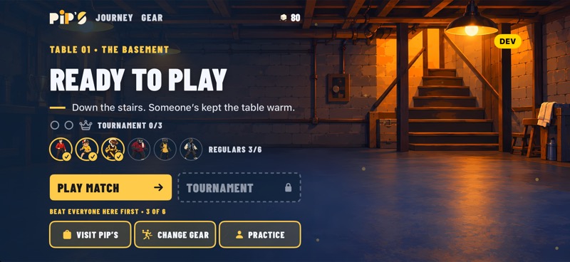 Current PIPS room screen with the illustrated basement, Play Match, tournament progress, and gear controls