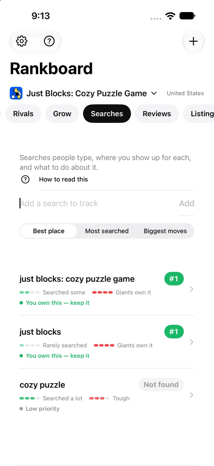 Rankboard Searches screen with App Store positions for tracked search phrases