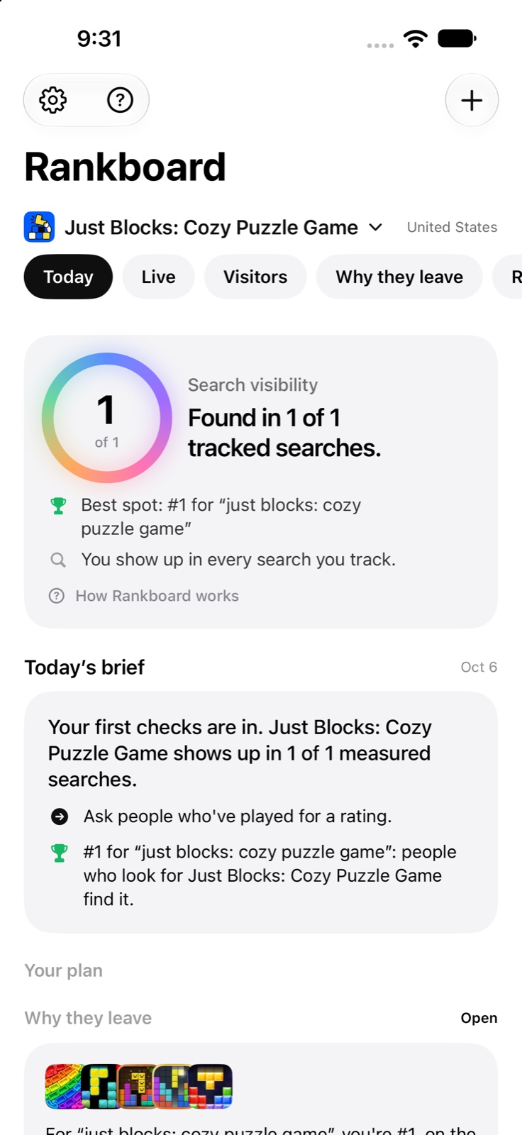 Rankboard Today screen showing tracked search visibility and a daily brief for Just Blocks